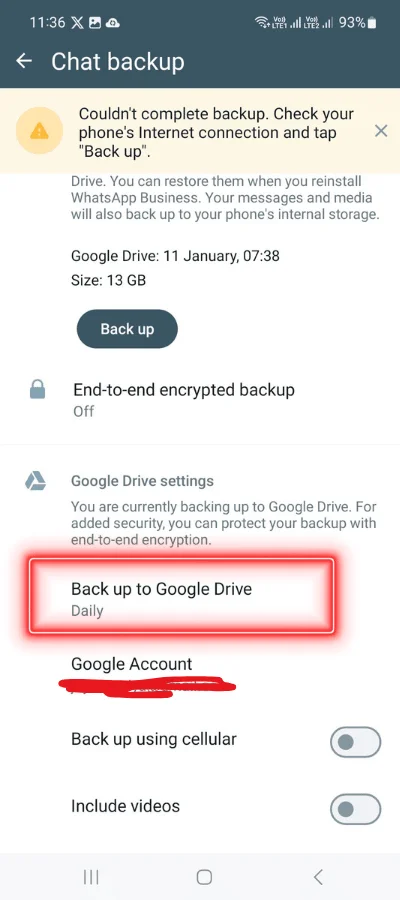 Showing "backup to google drive" in red colour box