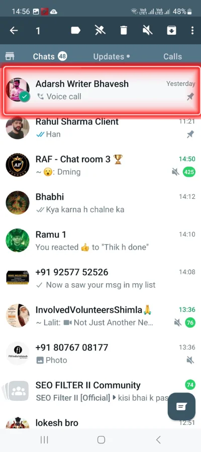 In whatsapp mobile app. A particular chat pined in the top that showing in red colour red box.  