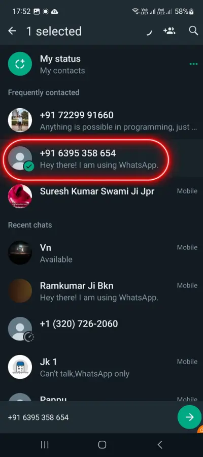 In red circle showing contact number where we want to send blank message
