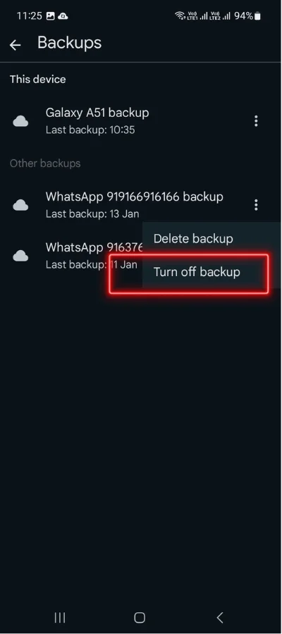 In red colour box showing turn off backup option