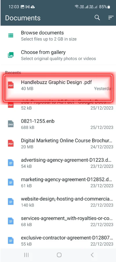 In the red colour box showing the pdf from file manager