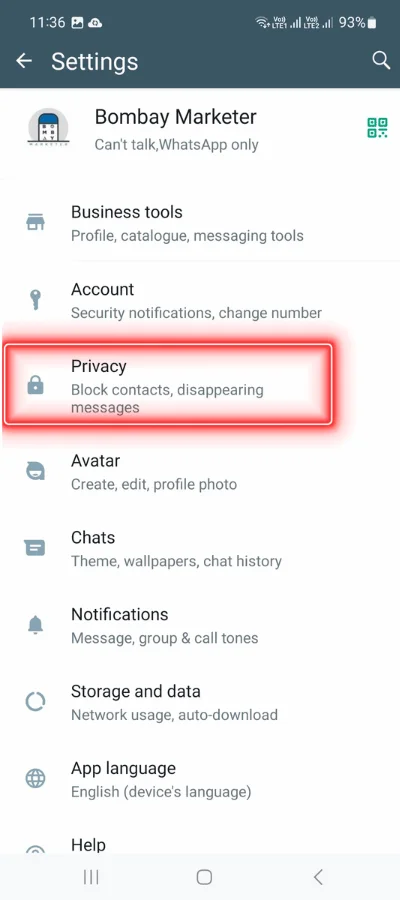 In the red colour box. Showing 'privacy' icon of whatsapp app