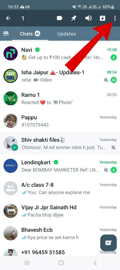 There is red colour arrow who is showing three dots of whatsapp chat screen.