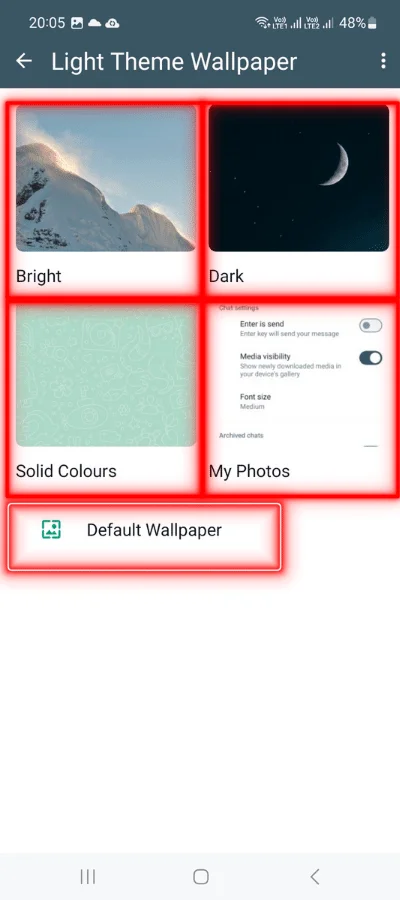 There are five boxes in red colour that is showing light theme wallpaper options.