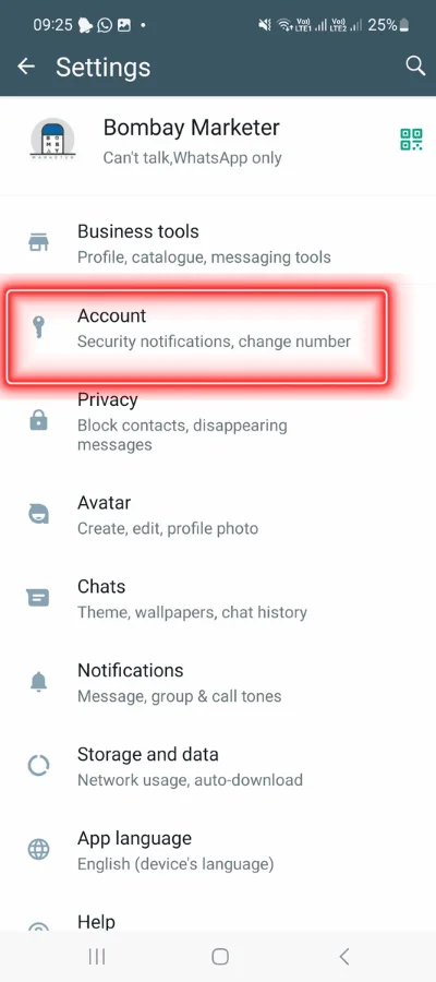 In the red colour box showing "Account" icon of whatsapp application.