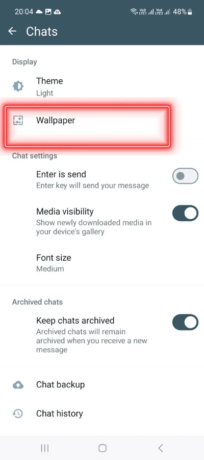 There is red colour box that is showing 'wallpaper' icon of whatsapp application