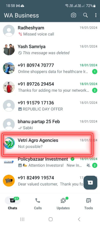 In the red colour box showing a contact name of a whatsapp chat list