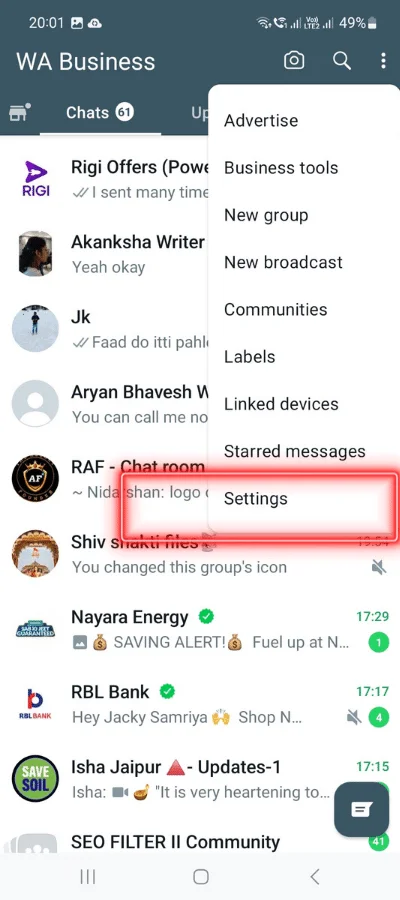 There is a red colour box that is indicating 'setting' icon of whatsapp application