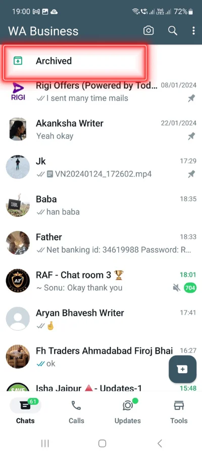 In the red colour box the icon of 'Archived' showing in the top of the whatsapp chat screen
