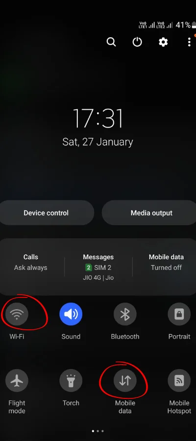 In the first red colour cricle the wi-fi icon & in second red circle it is showing the mobile data icon. Both are turn offed.