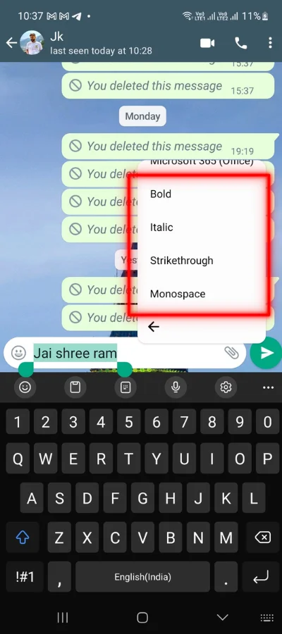 The red colour box is showing font style icons of whatsapp 