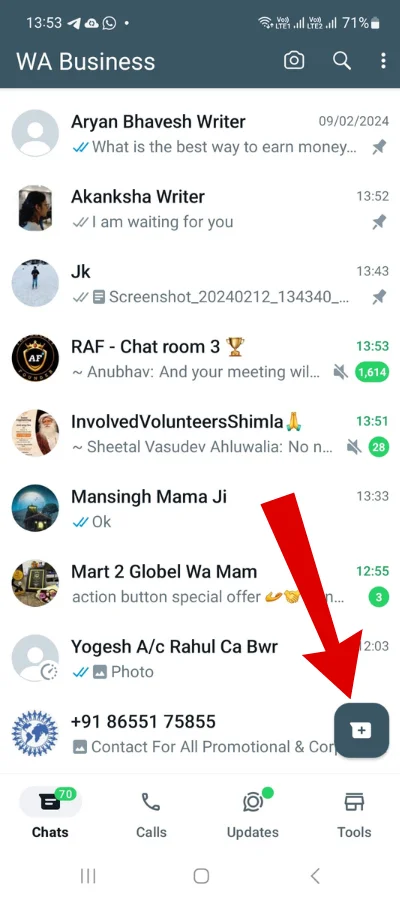 The red colour arrow showing contact list of whatsapp
