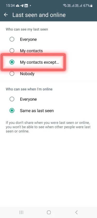 The red colour rectangular box showing icon of "My contacts except".